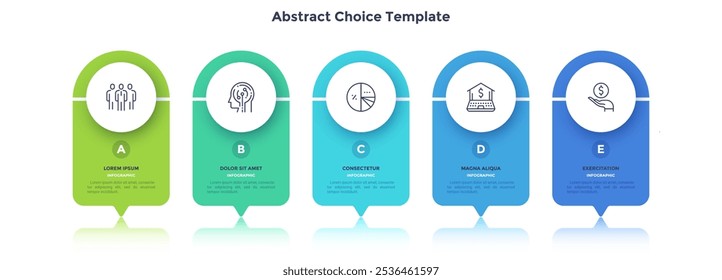 Five circular elements placed in horizontal row. Concept of 5 successive steps to startup project launch. Modern flat abstract vector illustration for business data analysis, statistical report.