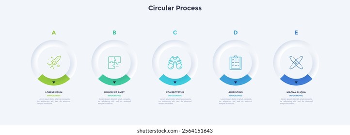 Five circular elements placed in horizontal row. Concept of 5 steps to startup project launch. Neumorphic infographic design template. Modern flat vector illustration for business presentation.