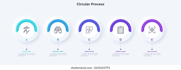 Five circular elements placed in horizontal row. Concept of 5 steps to startup project launch. Neumorphic infographic design template. Modern flat vector illustration for business presentation.