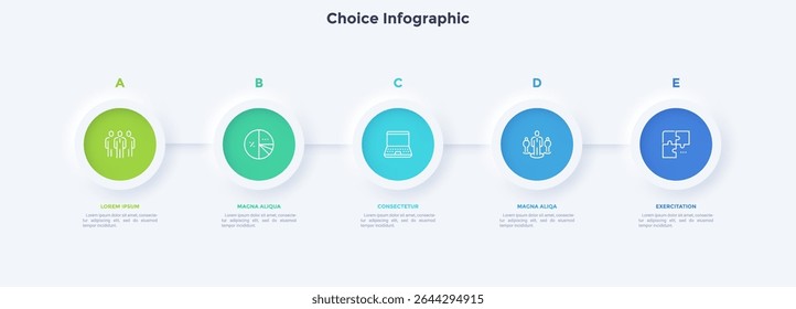 Five circular elements placed in horizontal row. Concept of 5 steps to startup project launch. Neumorphic infographic design template. Modern flat vector illustration for business presentation.