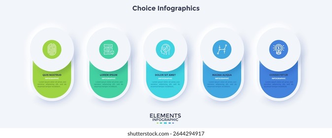 Five circular elements placed in horizontal row. Concept of 5 steps to startup project launch. Neumorphic infographic design template. Modern flat vector illustration for business presentation.