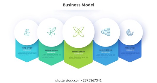 Five circular elements with ribbons placed in horizontal row. Concept of 5 steps of startup project development. Flat infographic design template. Vector illustration for business data visualization.