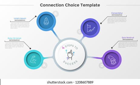 Five circular elements with thin line icons inside connected to central paper white circle. Business strategy scheme with 4 steps or options. Creative infographic design layout. Vector illustration.