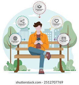 five circular infographic with Person sitting on a park bench using a smartphone illustration vector