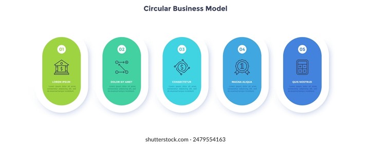 Five circular paper elements placed in horizontal row. Concept of 5 steps of startup project development. Flat infographic design template. Simple vector illustration for business data visualization.
