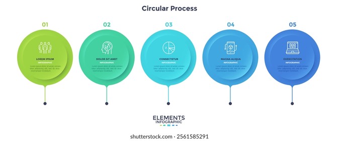 Five circular paper elements placed in horizontal row. Concept of 5 steps of startup project development. Flat infographic design template. Simple vector illustration for business data visualization.