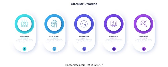 Five circular paper elements placed in horizontal row. Concept of 5 steps of startup project development. Flat infographic design template. Simple vector illustration for business data visualization.
