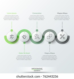 Five circular paper white elements with thin line icons inside, colorful translucent stripe curving around it and text boxes. Realistic infographic design template. Modern vector illustration.