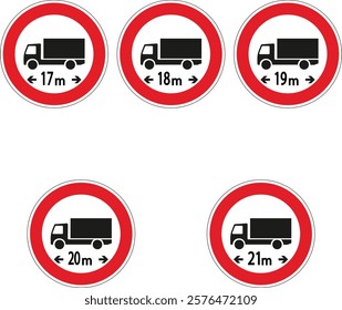 Five circular road signs prohibiting vehicles exceeding a specific length, featuring a truck silhouette and measurements in meters, ideal for transportation and safety-related projects.