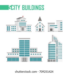 Five city buildings set of icons - vector illustration isolated on white background. School, church, fire department, hospital, skyscraper. Grey and blue color