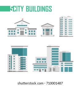 Five city buildings set of icons - vector illustration isolated on white background. School, bank, hospital, two skyscrapers. Grey and blue color