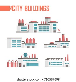 Five city industrial buildings set of icons - vector illustration isolated on white background. Plants, factories, water towers, facilities. Grey, red and blue color