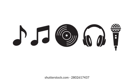 Five Classical Music Icons Vector Set – Treble Clef, Bass Clef, Quarter Note, Beamed Sixteenth Notes, and Music Staff – Elegant Black and White Glyph Style, Balanced Proportions, Smooth Bézier Curves, Bold Silhouettes, Editable AI,EPS,SVG, Isolated on White, Horizontal Layout, No Gradients No Shadows, Premium Stock for Music Theory Worksheets, Sheet Music Covers, and Classroom Posters