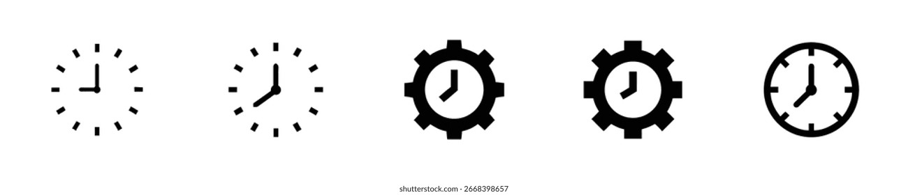 Cinco ícones de relógio com estilos diferentes vezes engrenagem