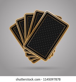 Five closed playing cards on grey background. Black back side design. JPG include isolated path