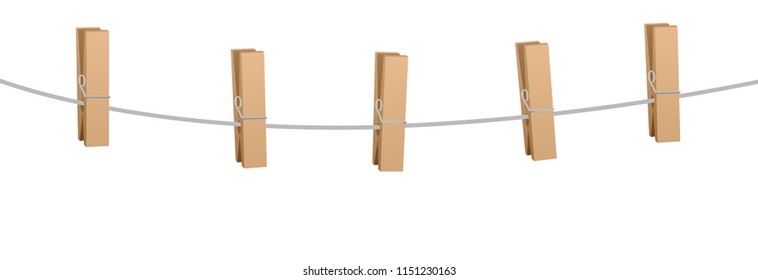 Five clothes pins on a clothes line rope - wooden pegs holding nothing.