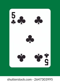 Cinco de paus jogando carta com símbolos de paus pretos no fundo branco com cantos arredondados, colocados em uma mesa de poker verde. Ilustração vetorial