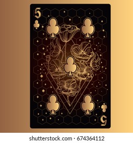 Five of clubs. Playing card with original design on the theme of space.