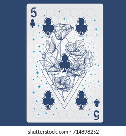 Five of clubs. Playing card with original design on the theme of space.