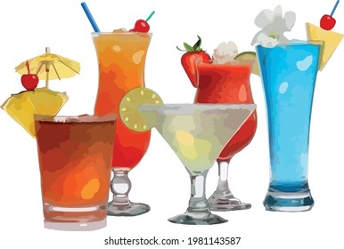 Five cocktails with fruit, vector with no background 