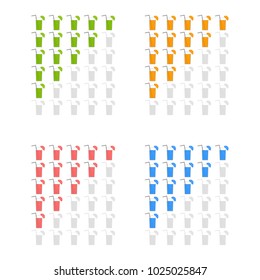 Five cocktails rating icons. Evaluation of the hotel, service, product, quality. Level results or lifes in the game. Element of the interface. Simple flat isolated vector illustration.