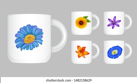 Five coffee cups with flower graphic illustration