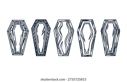 Five coffins in various designs are drawn in a row