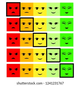 Five Color Faces Feedback/Mood. Rank or level of satisfaction rating. Flat design. Vector illustration EPS10. 