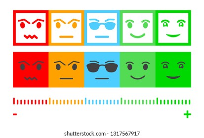 Five Color Faces Feedback/Mood. Set five faces scale - smile neutral sad - isolated vector illustration. Scale bar rating feedback from red to green. Flat design. Vector illustration EPS10. 