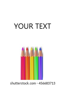 Five color pencils on a white background with space for text.