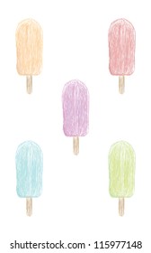 Five color variations including orange, red, purple, blue, and green, of a loosely drawn popsicle form.