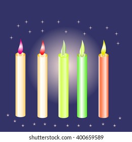Five colored candles on a dark blue background with stars