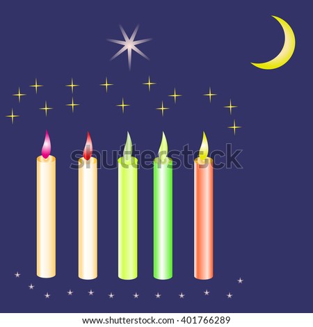 Five colored candles on a dark blue background with stars, big star and moon