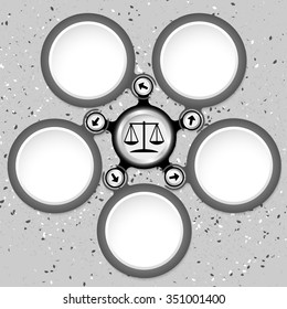 Five colored circular text boxes and justice symbol