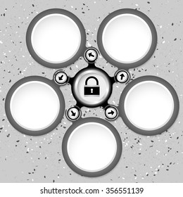 Five colored circular text boxes and padlock