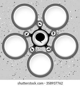 Five colored circular text boxes and speech bubble