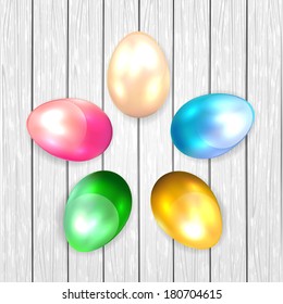 Five colored Easter eggs on white wooden background, illustration.