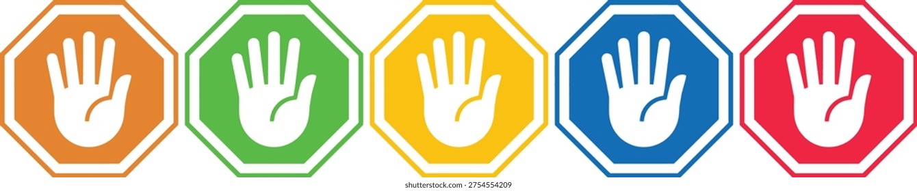 Five colored handprint icons in octagonal frames indicating a rating or status system