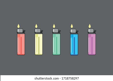 Cinco encendedores de color con llama.
