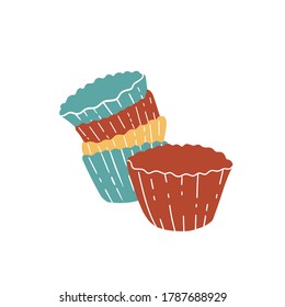 Five colored muffin tins. Hand drawn vector illustration. Dotted vector illustration of kitchen element.