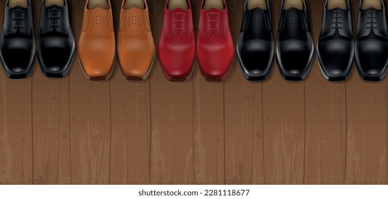 Five colored pairs of male leather shoes lined up in row on wooden floor realistic background vector illustration