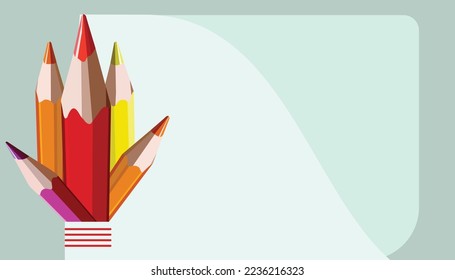 Five colored pencils in red, purple, orange and yellow to form an artistic uniqueness and small lines below, soft color background with horizontal rectangles.
