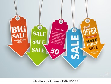 Five colored price stickers on the grey background. Eps 10 vector file.