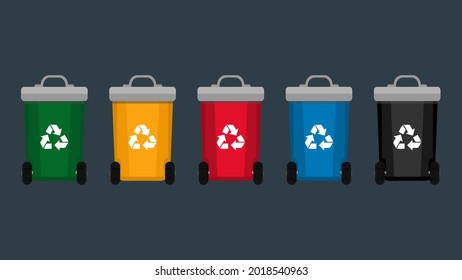 Five colored recycle bins. Recycling bin containers with separated garbages. Colors respresent organic, paper, plastic, glass and metal garbages. Recycling, ecological life style, sustainability.
