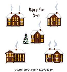 Five colored snow houses and tree on a separate background.