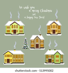 Five colored snow houses and tree on a separate background.