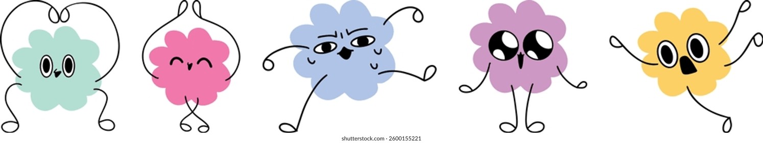 Five colorful abstract cartoon characters with unique expressions and playful poses