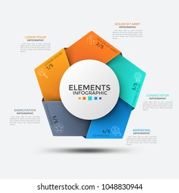 Five colorful angles with thin line symbols inside placed around round element in center. Concept of 5 portions or pieces of whole. Creative infographic design template. Vector illustration.