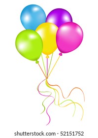 Fünf bunte Ballons einzeln auf Weiß
