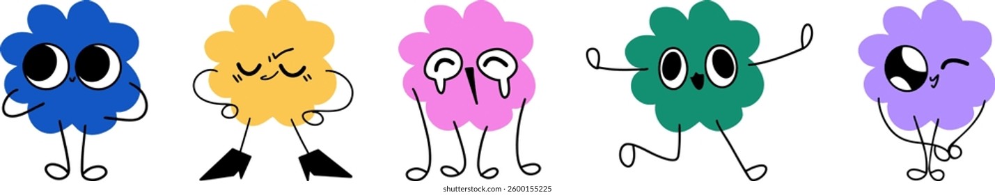 Five colorful cartoon characters with expressive faces and fun, dynamic poses